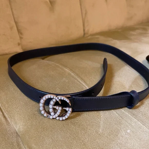 Double G pearl-embellished buckle belt Gucci Double G Pearl Embellished Black Leather Belt  main image 3